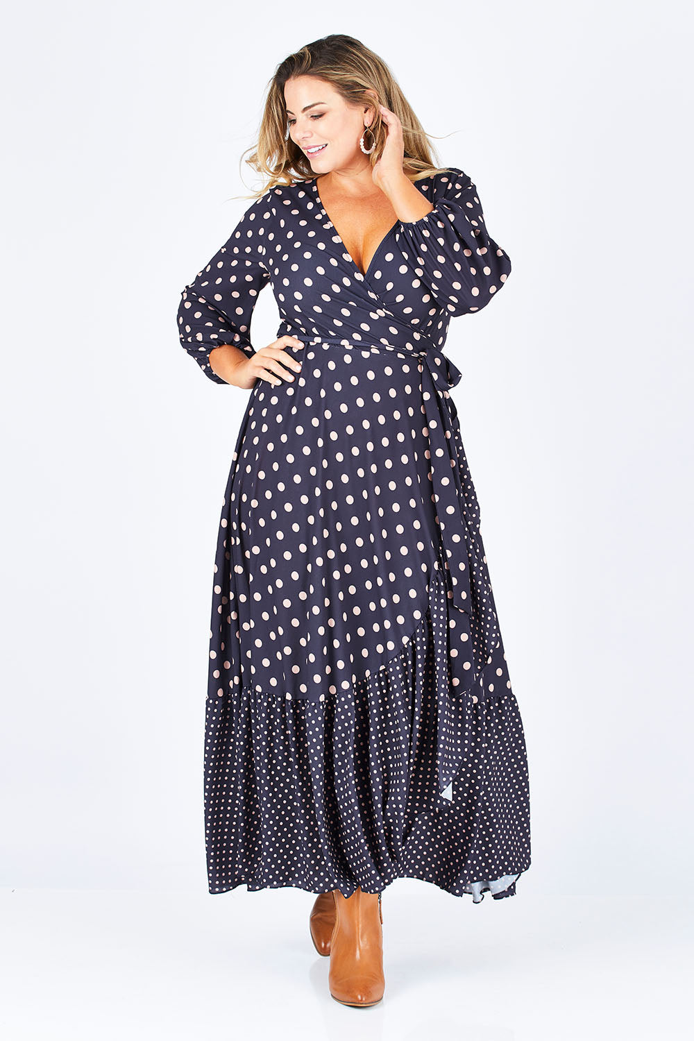 Model Fiona wearing size 16 of the Spotty About You Maxi Dress in colour NavySpot (Blue), from the front, showing the whole outfit