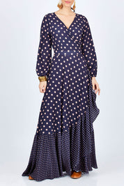 Model Georgia wearing size 10 of the Spotty About You Maxi Dress in colour NavySpot (Blue), from the front, cropped image