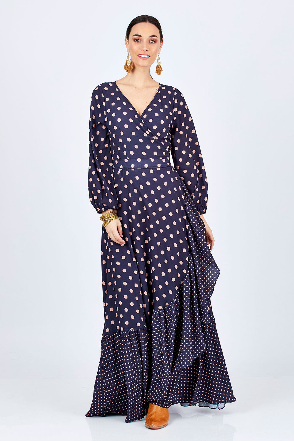 Model Georgia wearing size 10 of the Spotty About You Maxi Dress in colour NavySpot (Blue), from the front, showing the whole outfit