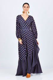 Model Georgia wearing size 10 of the Spotty About You Maxi Dress in colour NavySpot (Blue), from the front, showing the whole outfit
