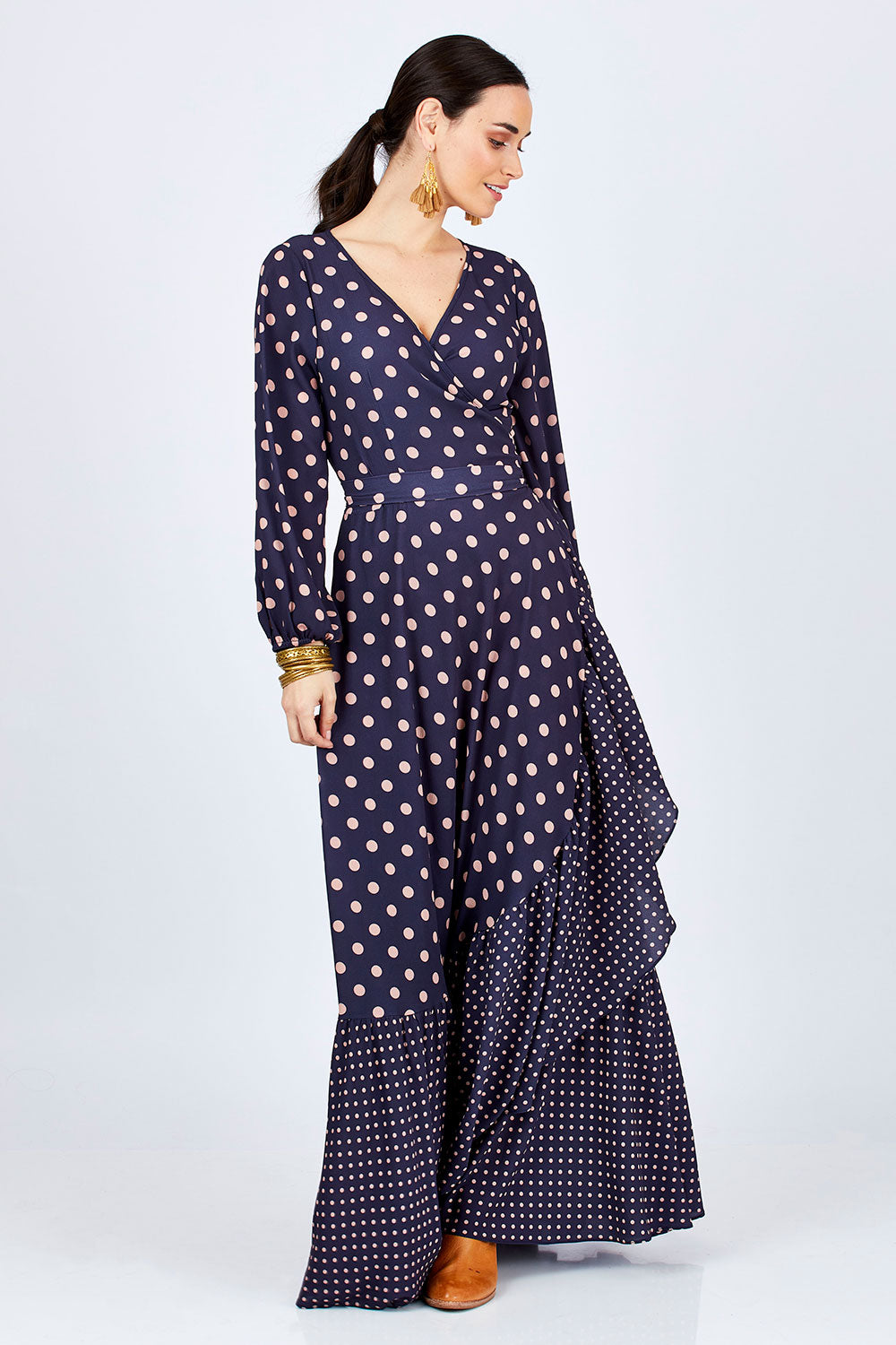 Model Georgia wearing size 10 of the Spotty About You Maxi Dress in colour NavySpot (Blue), from the front, showing the whole outfit