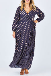 Model Jess wearing size 14 of the Spotty About You Maxi Dress in colour NavySpot (Blue), from the front, cropped image