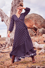 Model Marnee wearing size 10 of the Spotty About You Maxi Dress in colour NavySpot (Blue), from the front, showing the whole outfit