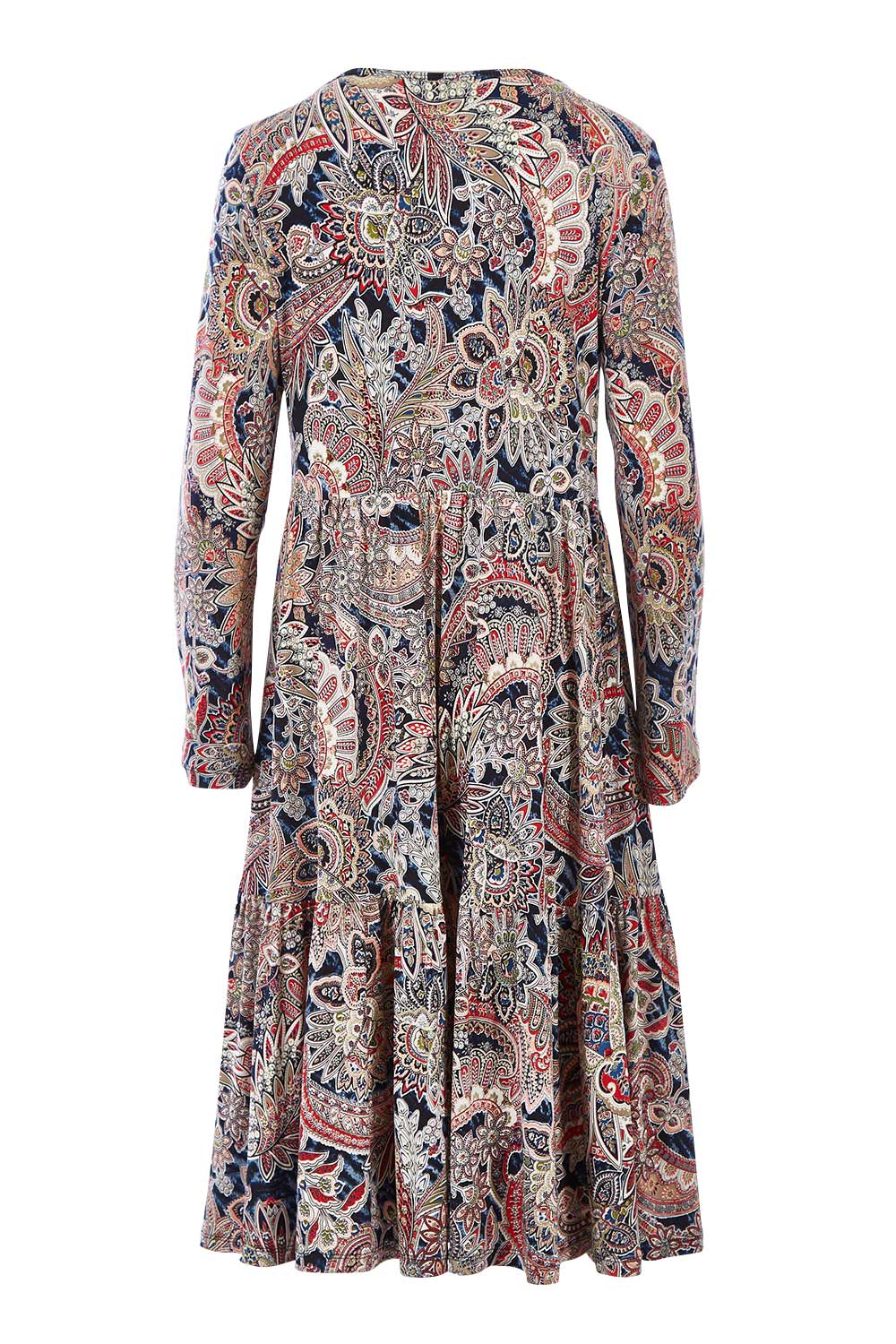 Product shot of the Wind In My Hair Dress in colour Paisley (Red), from the back