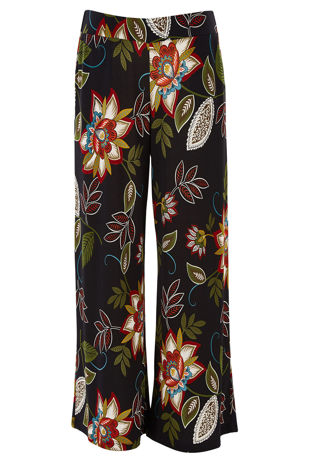 Product shot of the Falling Leaves Wide Leg Pant in colour Black (Black), from the front