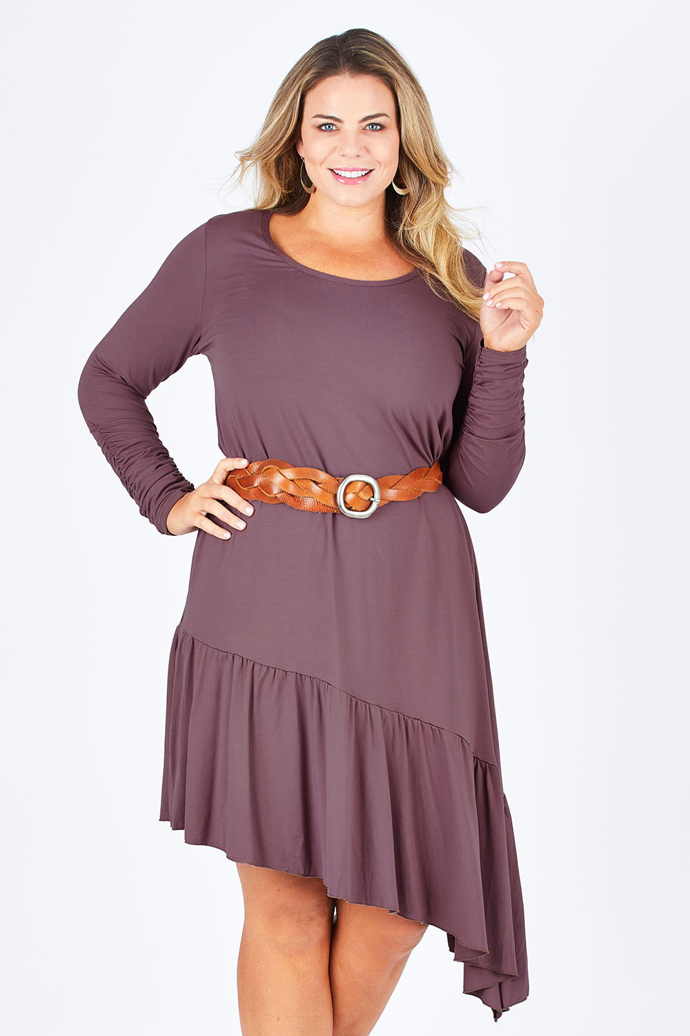 Model Fiona wearing size 16 of the Cruising With You Dress in colour Lavender (Black), from the front, cropped image