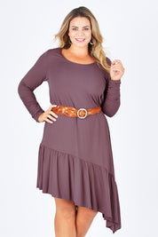 Model Fiona wearing size 16 of the Cruising With You Dress in colour Lavender (Black), from the front, cropped image