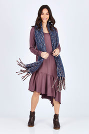 Model Georgia wearing size 10 of the Cruising With You Dress in colour Lavender (Black), from the front, showing the whole outfit