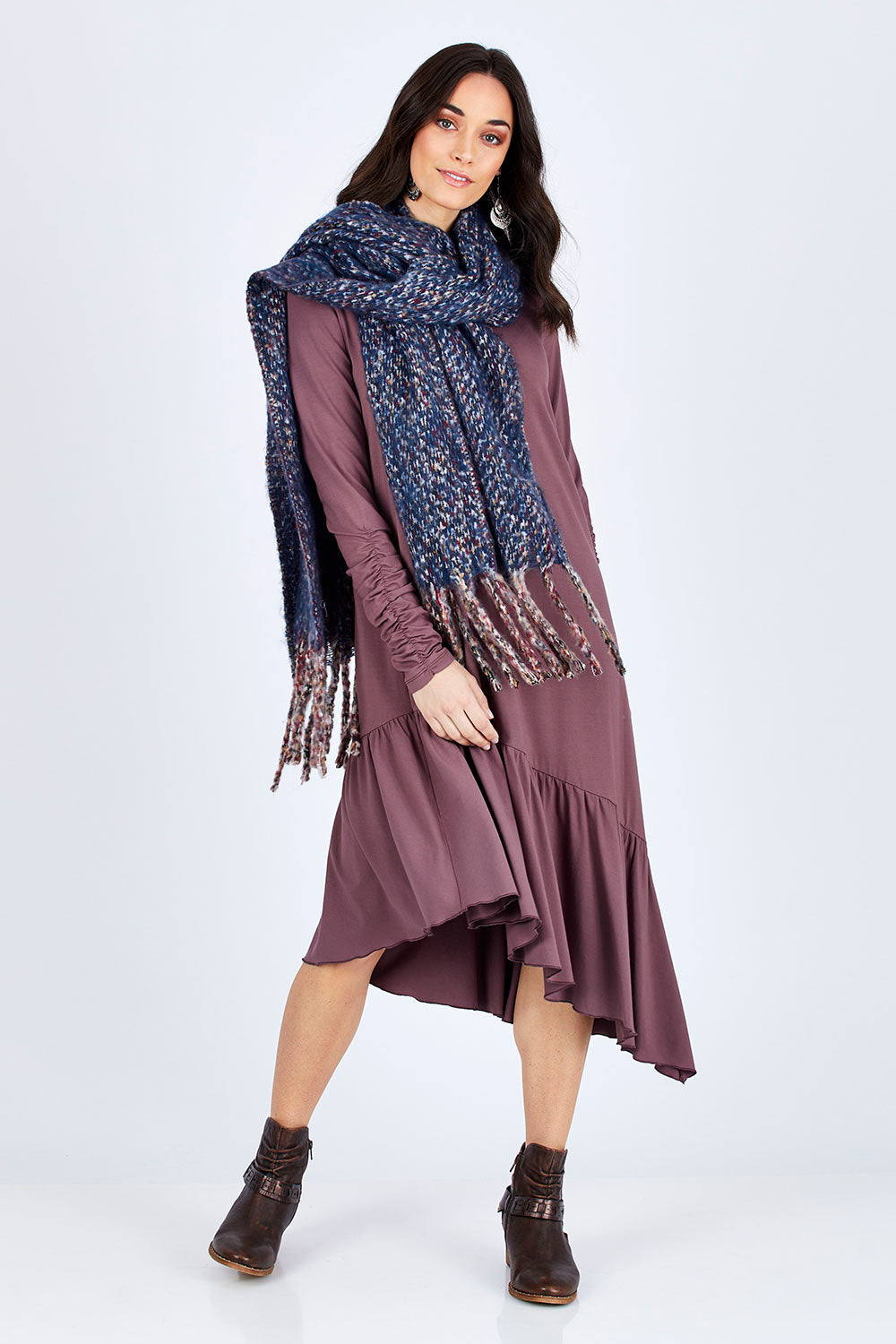 Model Georgia wearing size 10 of the Cruising With You Dress in colour Lavender (Black), from the front, showing the whole outfit