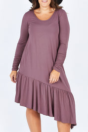 Model Stacey wearing size 12 of the Cruising With You Dress in colour Lavender (Black), from the front, cropped image