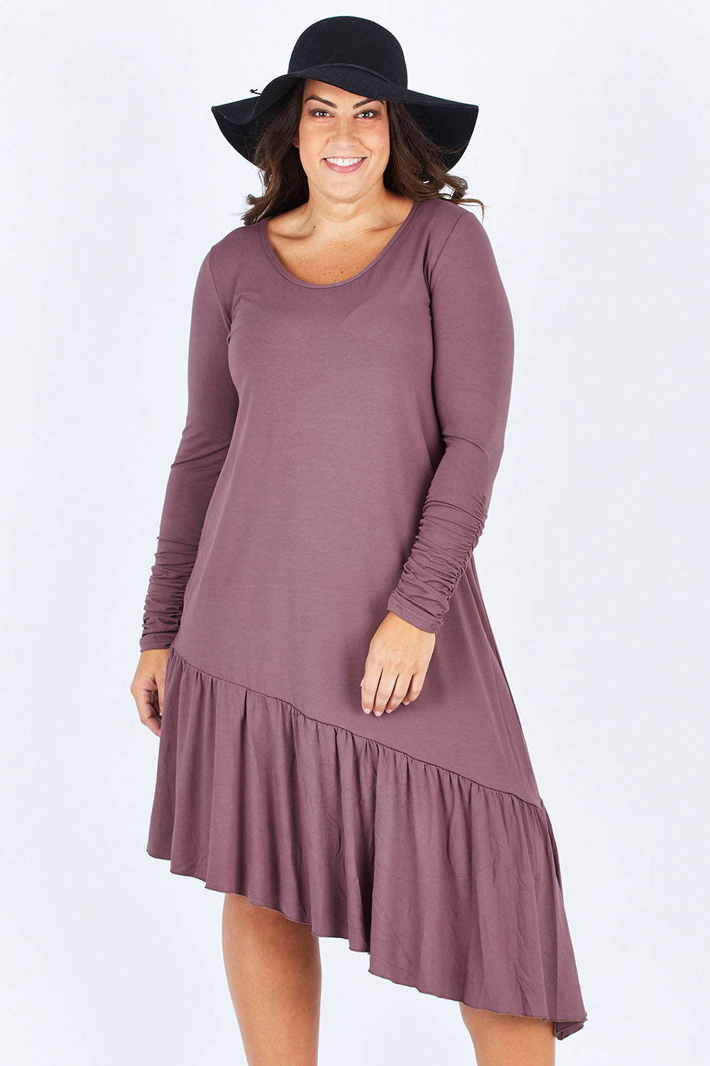 Model Stacey wearing size 12 of the Cruising With You Dress in colour Lavender (Black), from the front, cropped image