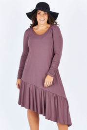 Model Stacey wearing size 12 of the Cruising With You Dress in colour Lavender (Black), from the front, cropped image