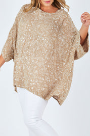Model Fiona wearing size 16 of the On The Horizon Swing Top in colour Khaki (Green), from the front, cropped image