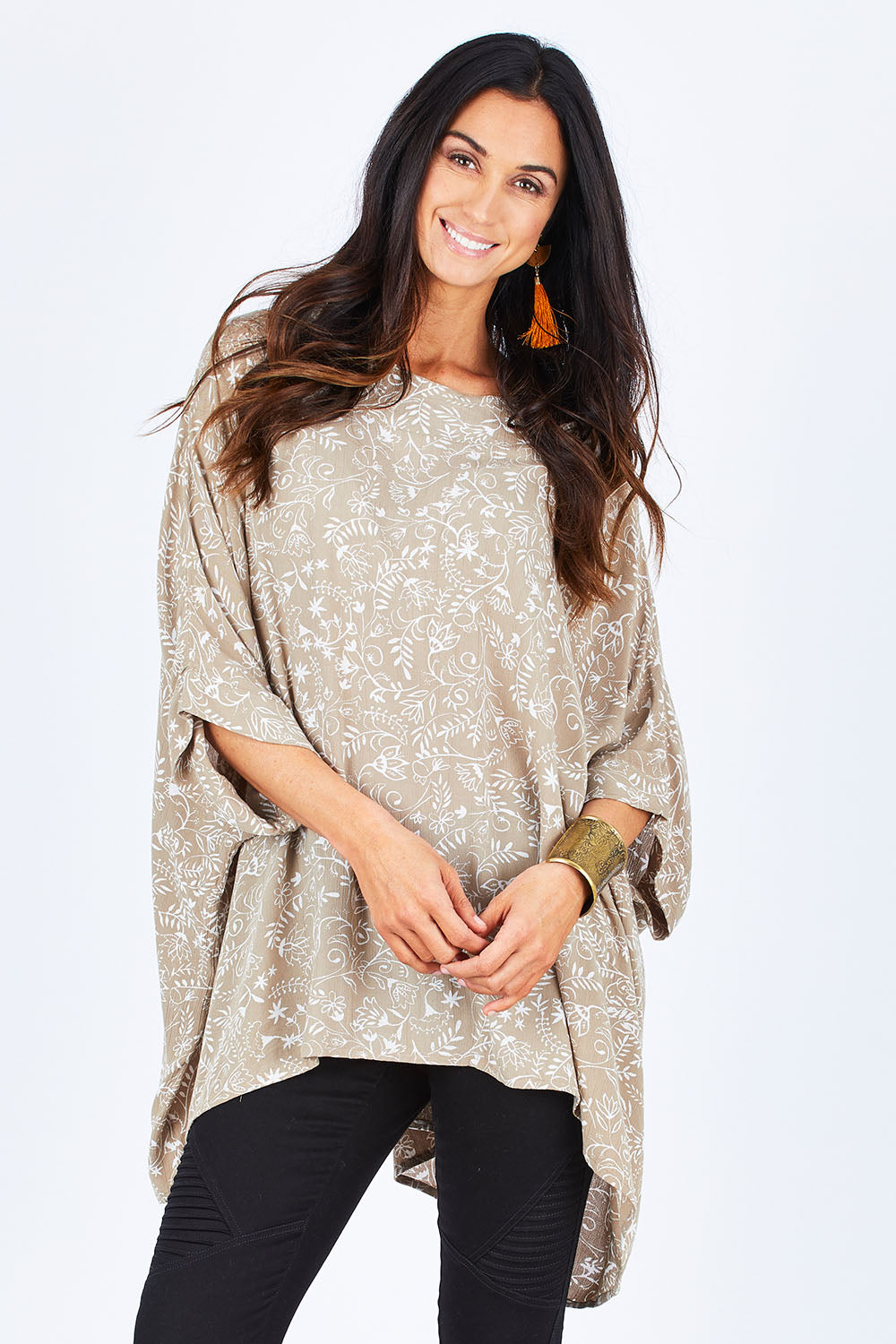 Model Gemma wearing size 10 of the On The Horizon Swing Top in colour Khaki (Green), from the front, cropped image