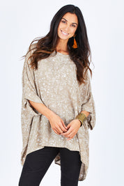 Model Gemma wearing size 10 of the On The Horizon Swing Top in colour Khaki (Green), from the front, cropped image