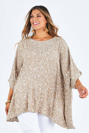Model Palatina wearing size 14 of the On The Horizon Swing Top in colour Khaki (Green), from the front, cropped image