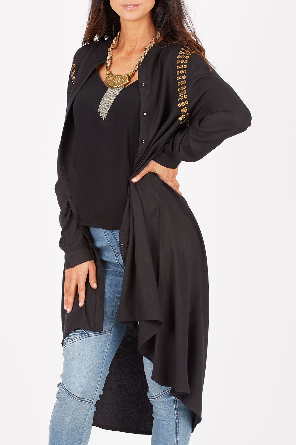 Model Gemma wearing size 10 of the You At My Shoulder Tunic in colour Black (Black), from the front, cropped image