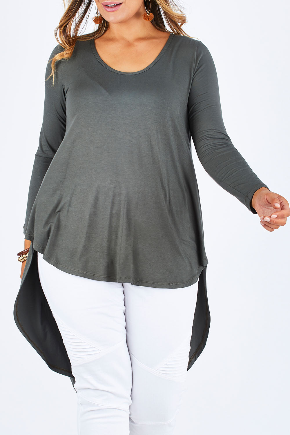 Model Palatina wearing size 14 of the Moonlight Kisses Bamboo Tee in colour Combat (Green), from the front, cropped image