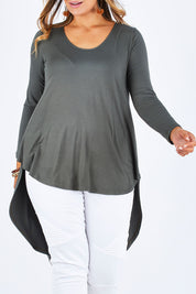 Model Palatina wearing size 14 of the Moonlight Kisses Bamboo Tee in colour Combat (Green), from the front, cropped image