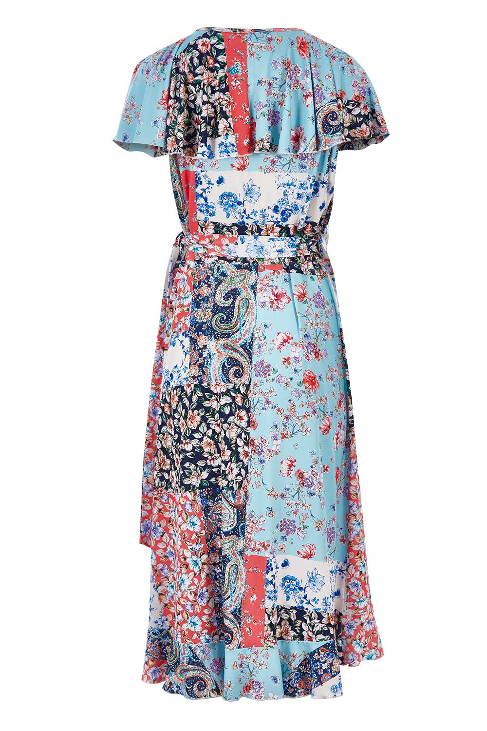 Product shot of the Life Is Beautiful Wrap Dress in colour Fleurpatch (Blue), from the back