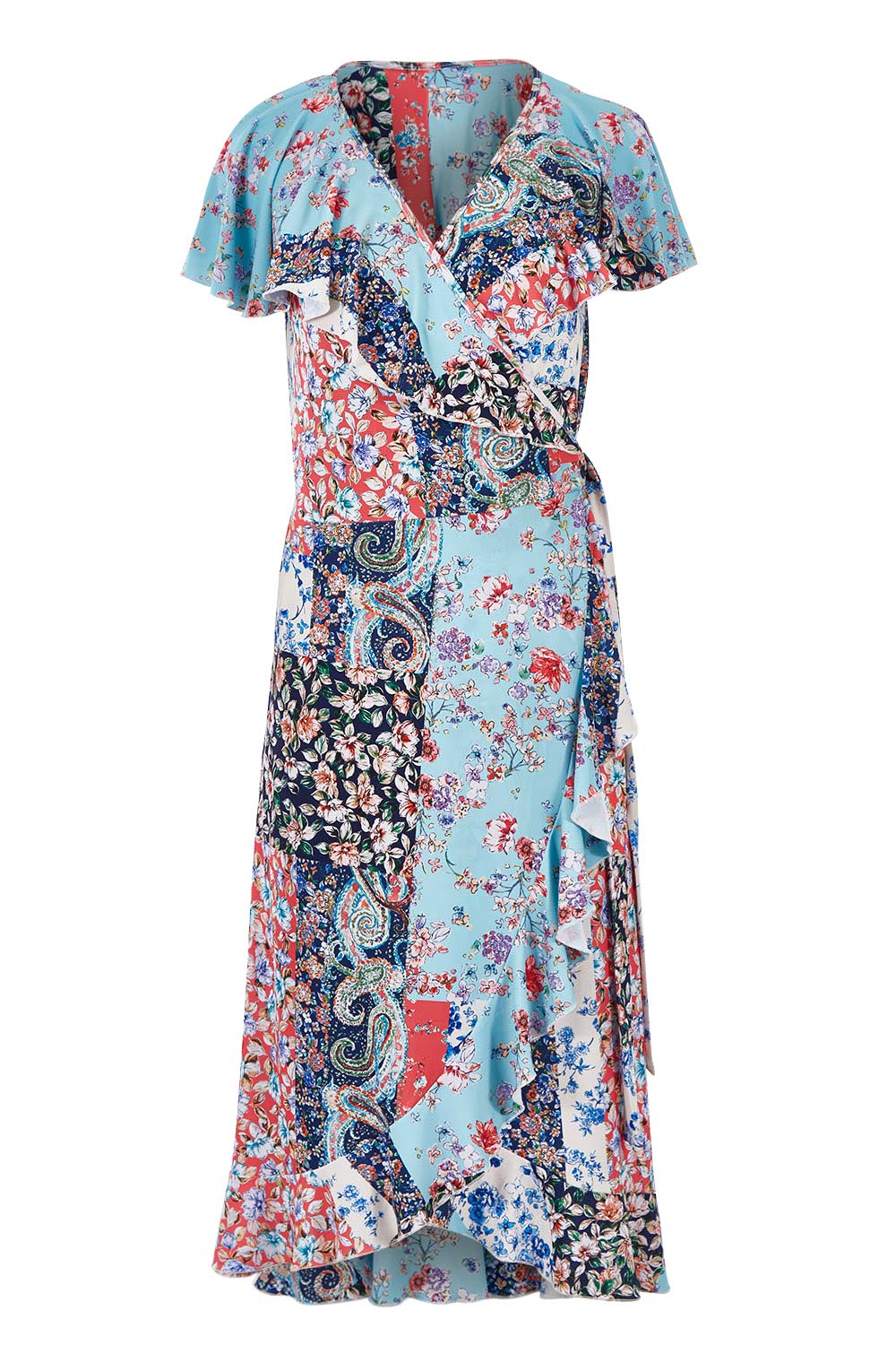 Product shot of the Life Is Beautiful Wrap Dress in colour Fleurpatch (Blue), from the front