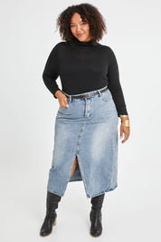 Model Alexis wearing size 16 of the Happy Me Denim Skirt in colour Denim (Blue), from the front, showing the whole outfit