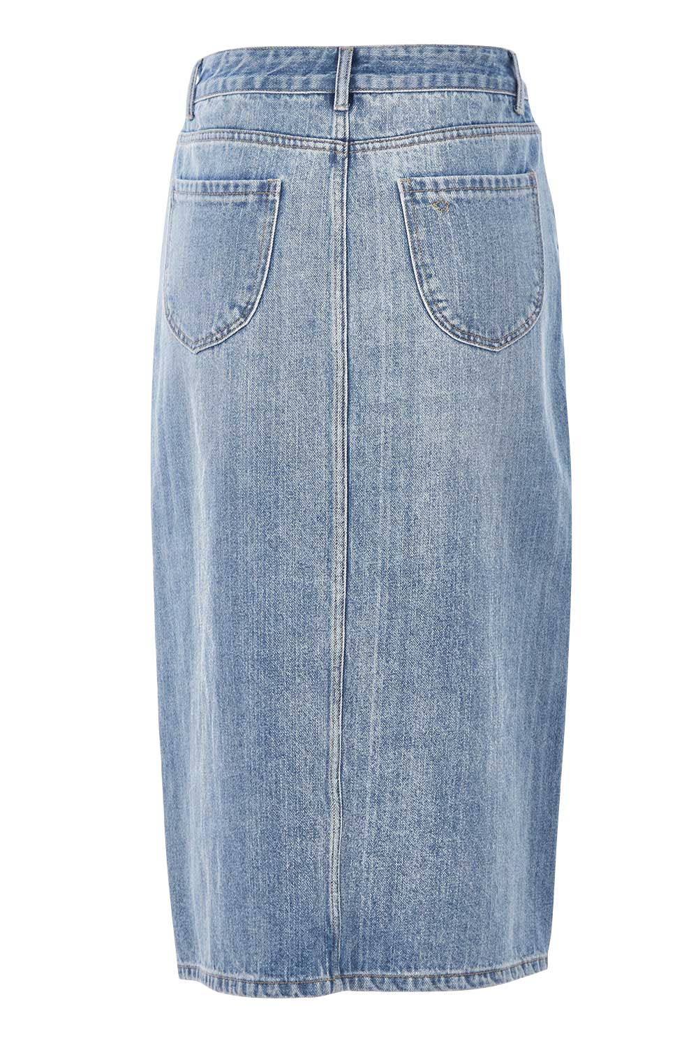 Product shot of the Happy Me Denim Skirt in colour Denim (Blue), from the back