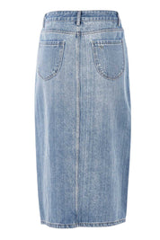 Product shot of the Happy Me Denim Skirt in colour Denim (Blue), from the back