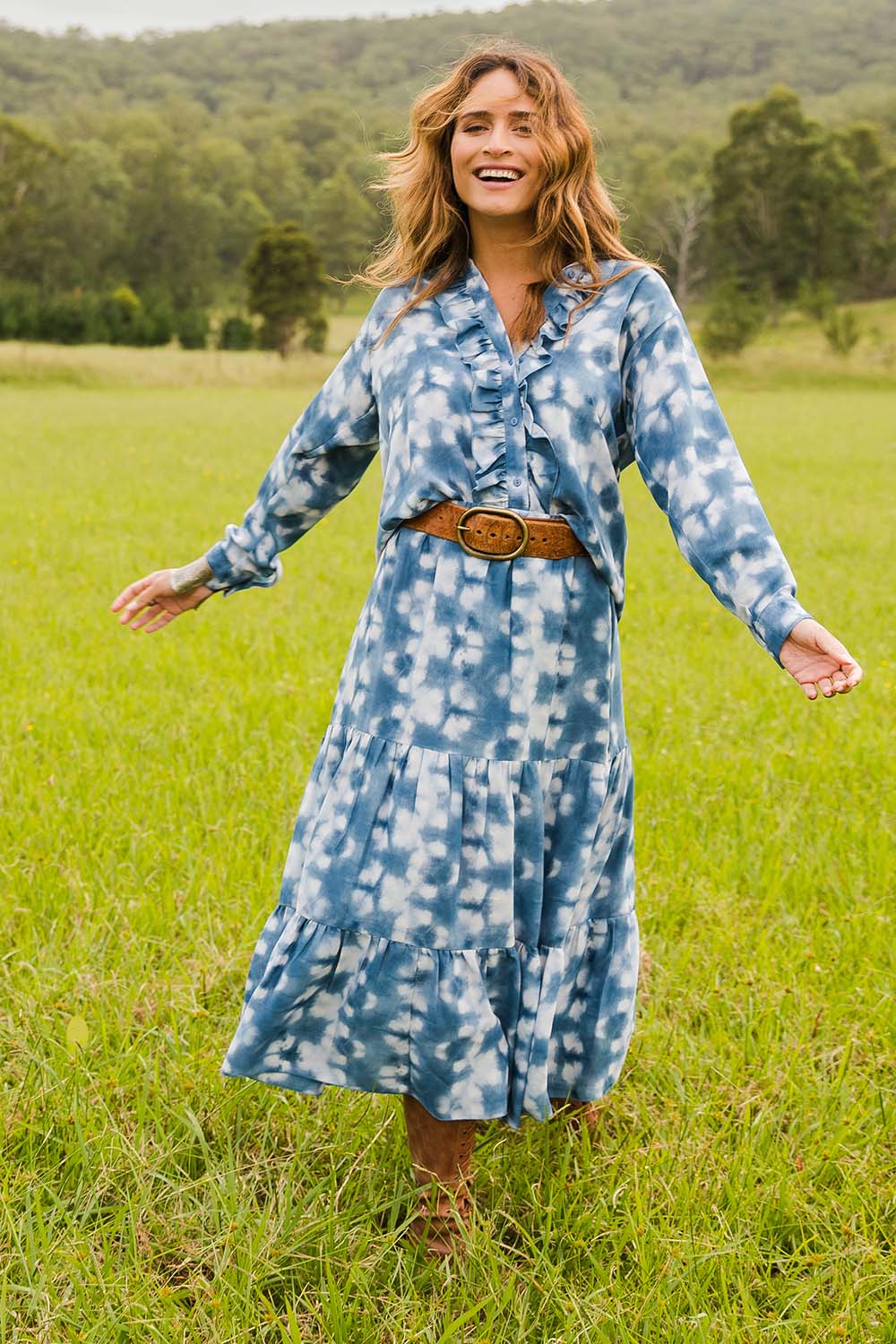 Model Ilona wearing size 10 of the My Wild Side Skirt in colour Blue (Blue), from the front, showing the whole outfit