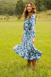 Model Ilona wearing size 10 of the My Wild Side Skirt in colour Blue (Blue), from the front, showing the whole outfit