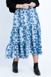 Model Jess wearing size 14 of the My Wild Side Skirt in colour Blue (Blue), from the front, cropped image
