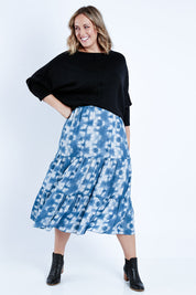 Model Jess wearing size 14 of the My Wild Side Skirt in colour Blue (Blue), from the front, showing the whole outfit