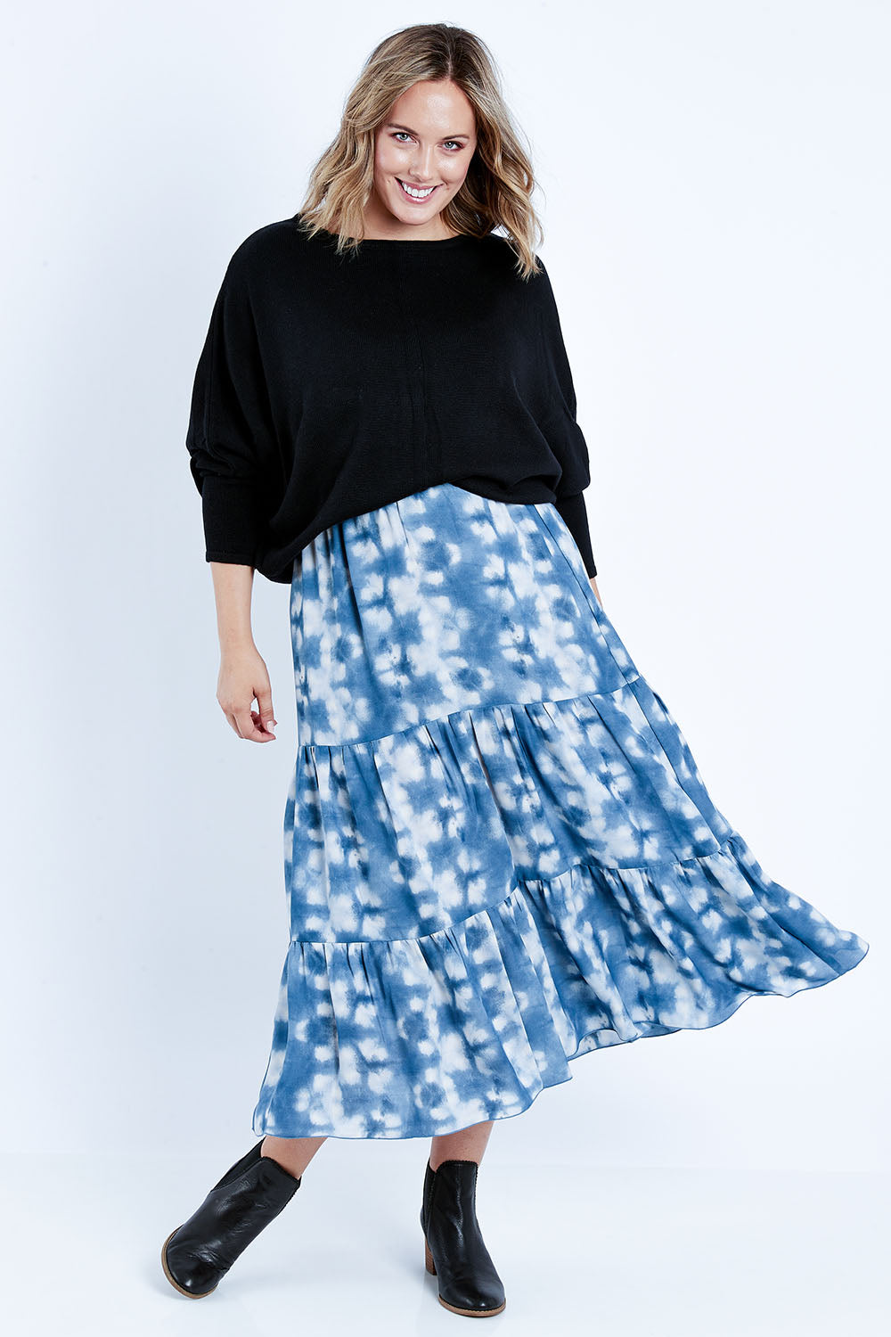 Model Jess wearing size 14 of the My Wild Side Skirt in colour Blue (Blue), from the front, showing the whole outfit