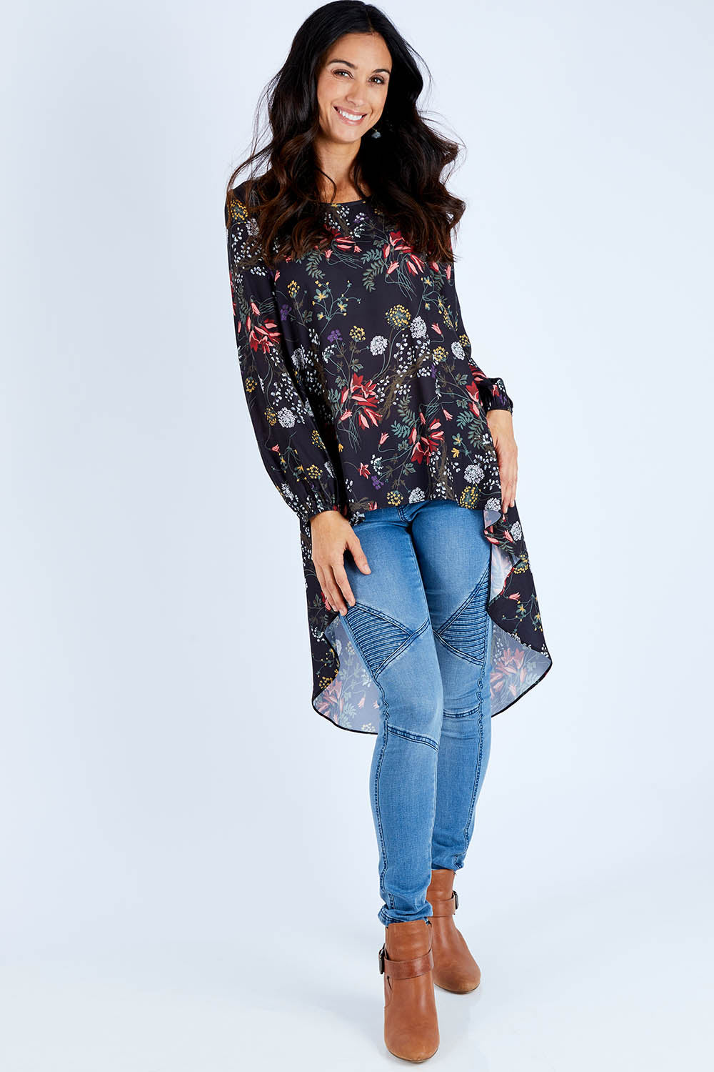 Model Gemma wearing size 10 of the Floating By You Blouse in colour Black (Black), from the front, showing the whole outfit