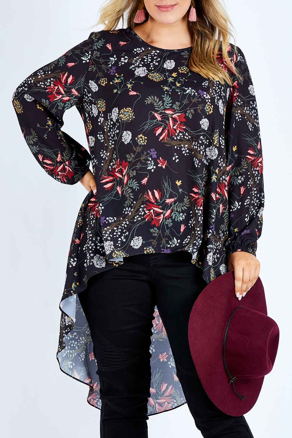 Model Jess wearing size 14 of the Floating By You Blouse in colour Black (Black), from the front, cropped image