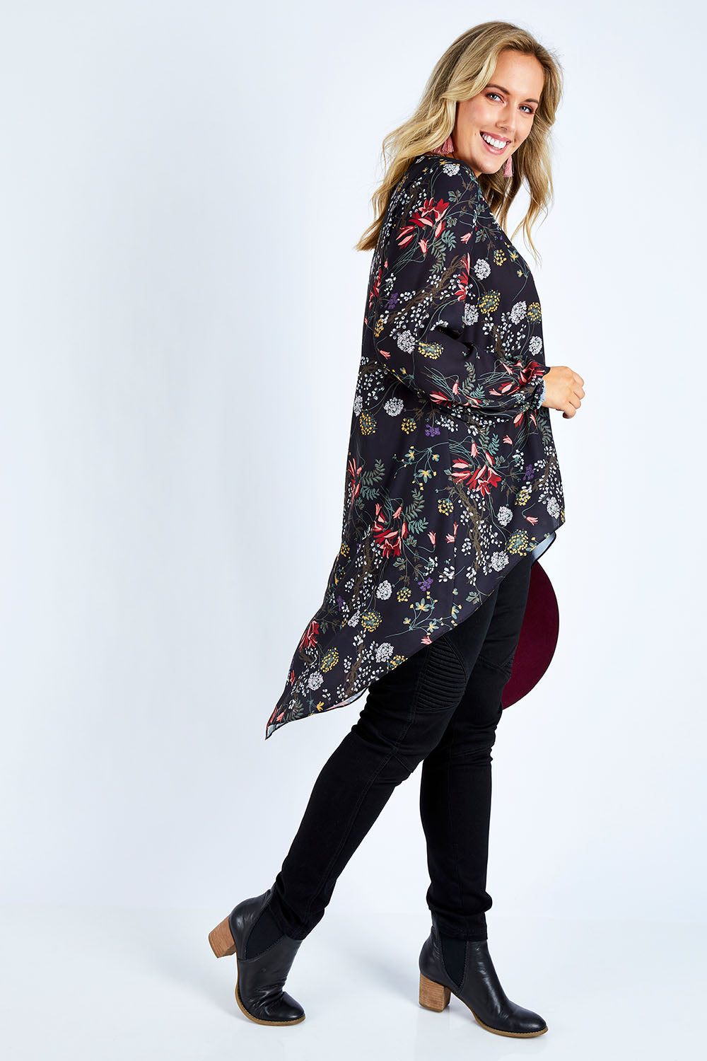 Model Jess wearing size 14 of the Floating By You Blouse in colour Black (Black), from the front, showing the whole outfit