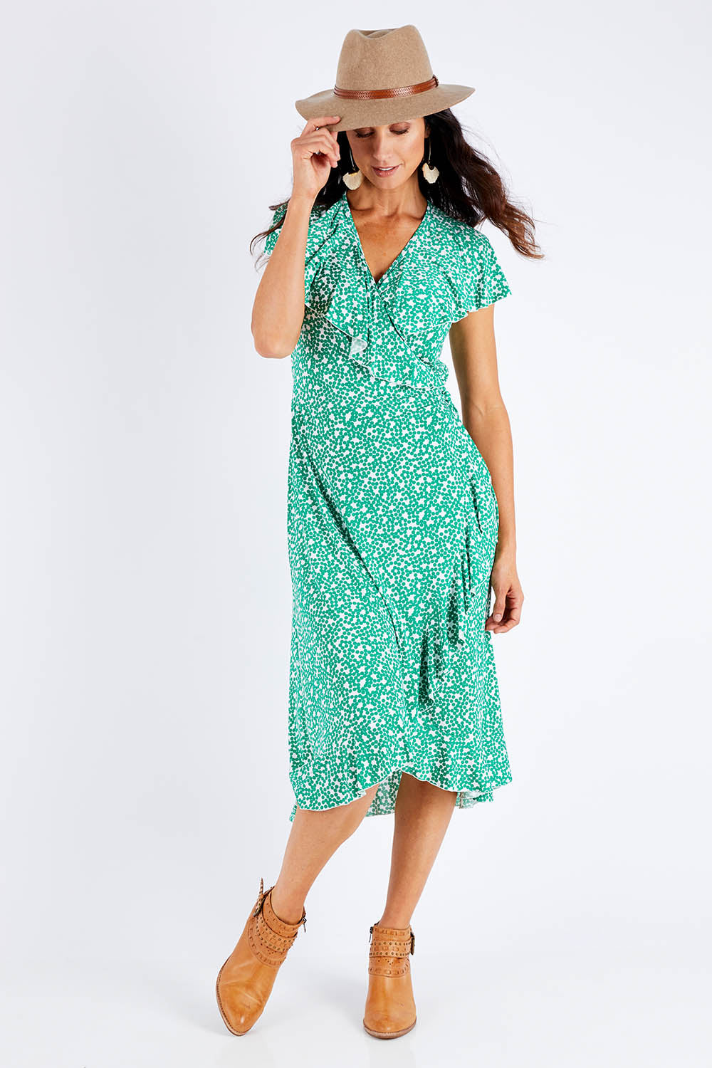 Model Gemma wearing size 10 of the Life Is Beautiful Wrap Dress in colour Greenspot (Green), from the front, showing the whole outfit