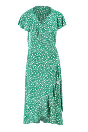 Product shot of the Life Is Beautiful Wrap Dress in colour Greenspot (Green), from the front
