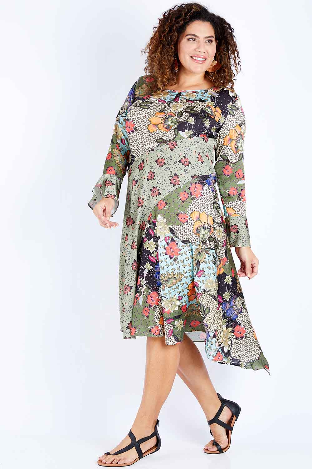 Model Jess wearing size 16 of the Mixing It Up Dress in colour Khaki (Green), from the front, showing the whole outfit