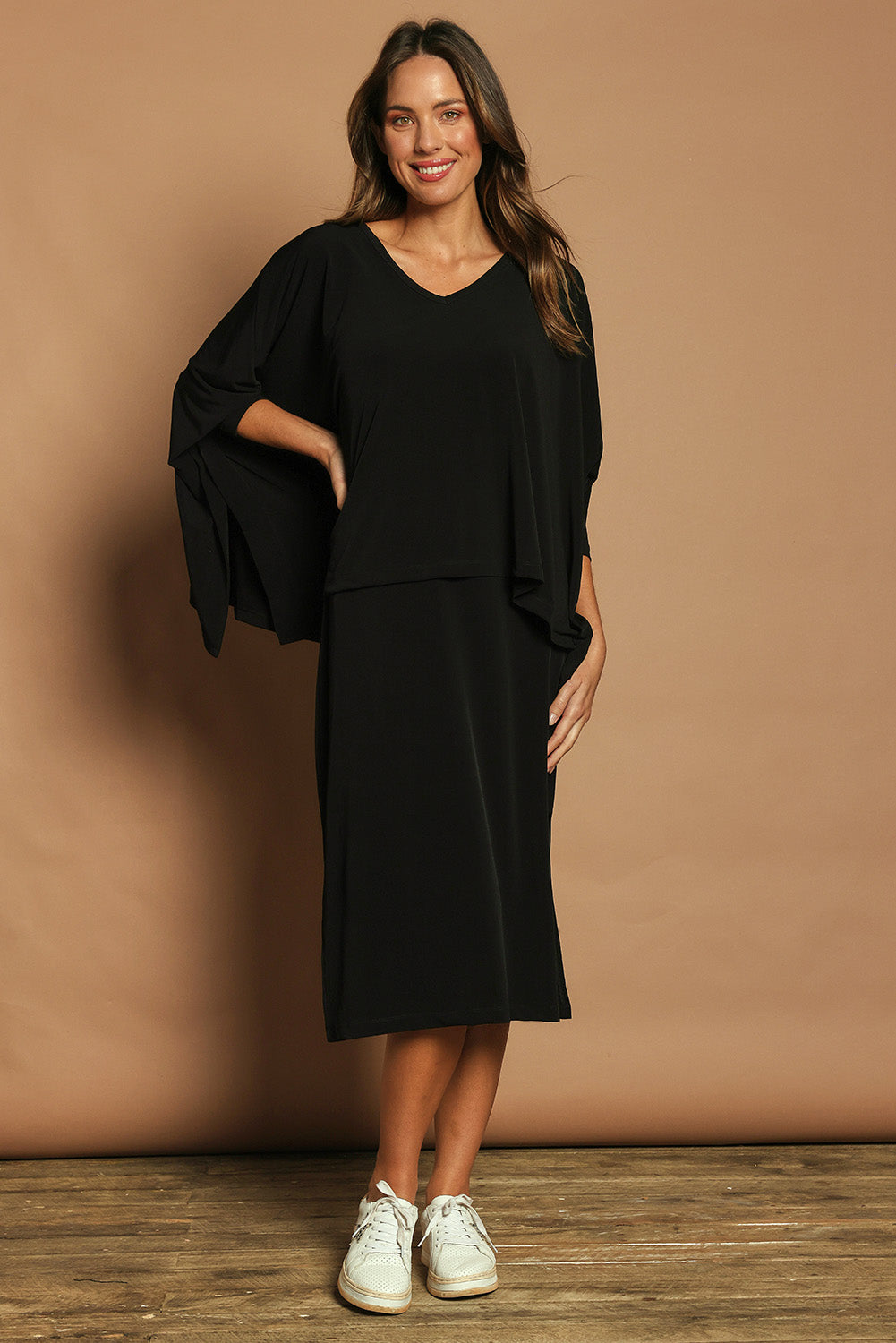 Model Madeline wearing size 10 of The Wanderer In Me Travel Set in colour Black (Black), from the front, showing the whole outfit