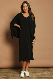 Model Madeline wearing size 10 of The Wanderer In Me Travel Set in colour Black (Black), from the front, showing the whole outfit