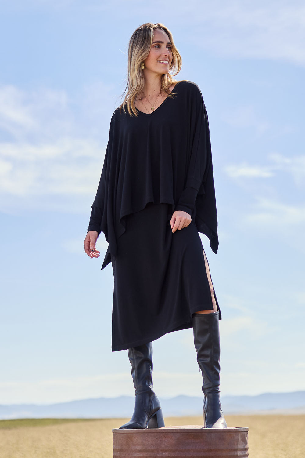 Model Tegan wearing size 10 of The Wanderer In Me Travel Set in colour Black (Black), from the front, showing the whole outfit