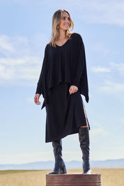 Model Tegan wearing size 10 of The Wanderer In Me Travel Set in colour Black (Black), from the front, showing the whole outfit