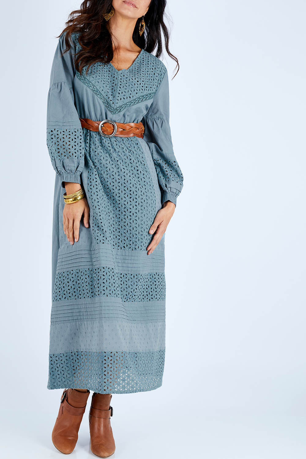 Model Gemma wearing size 10 of the Picnic In the Fields Dress in colour Stormy (Green), from the front, cropped image