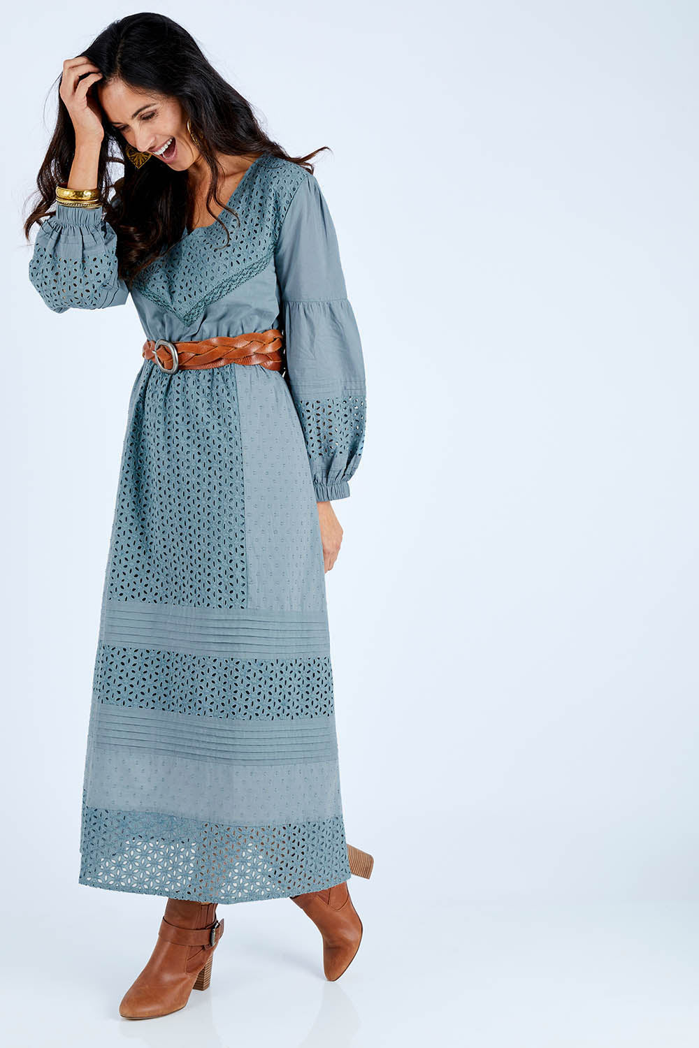Model Gemma wearing size 10 of the Picnic In the Fields Dress in colour Stormy (Green), from the front, showing the whole outfit