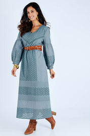 Model Gemma wearing size 10 of the Picnic In the Fields Dress in colour Stormy (Green), from the front, showing the whole outfit