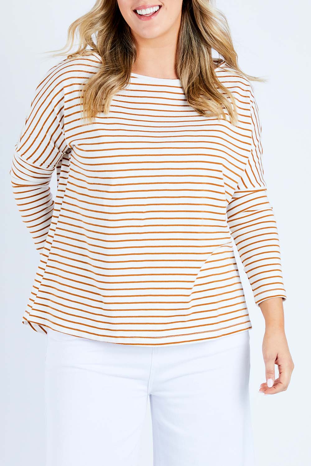 Model Jess wearing size 14 of the Lazy Day Cotton Tee in colour Ruststripe, from the front, cropped image