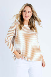 Model Jess wearing size 14 of the Lazy Day Cotton Tee in colour Ruststripe, from the front, cropped image