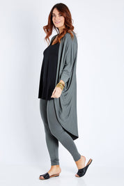 Model Laura wearing size 14 of the Falling For You Bamboo Cardi in colour Fern (Green), from the front, showing the whole outfit