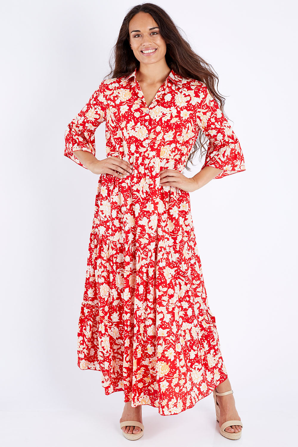 Model Larissa wearing size 10 of the Happy When Im With You Maxi Dress in colour Redfleur (Red), from the front, showing the whole outfit